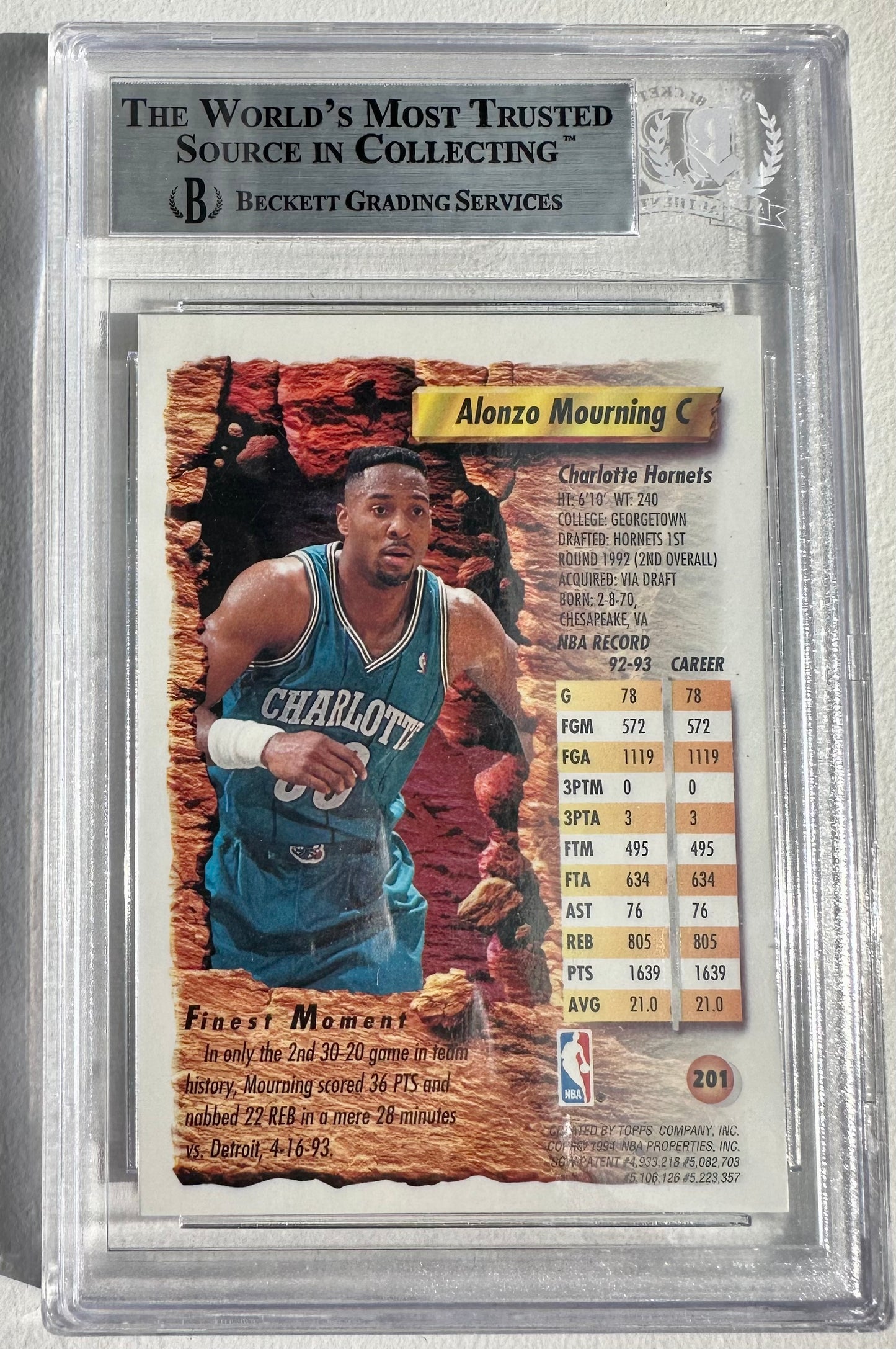 Alonzo Mourning Signed 1993-94 Topps Finest 201 (BGS)