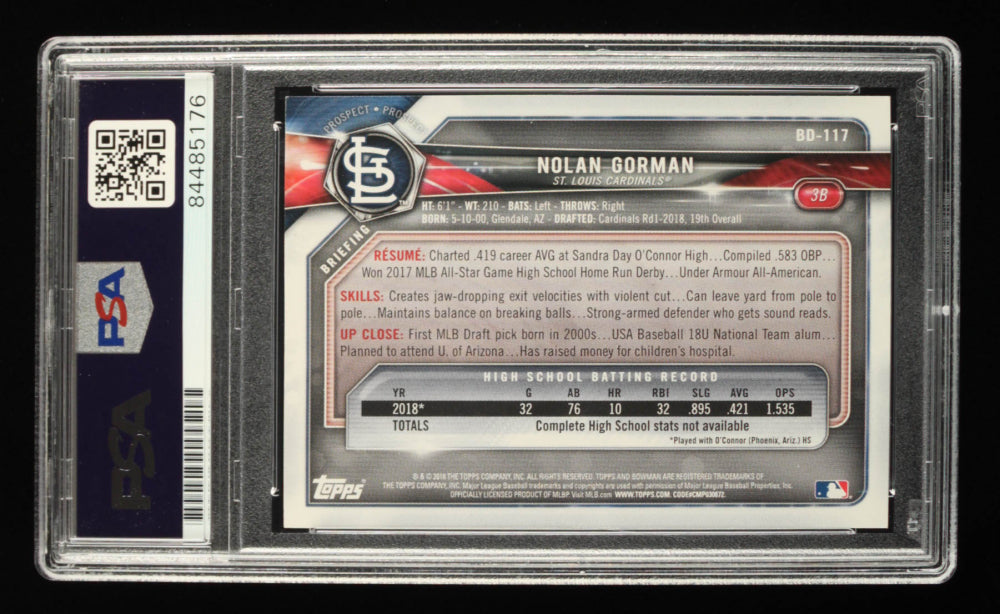 Nolan Gorman signed 2018 Bowman Draft #BD117 (PSA) - Rookie Card