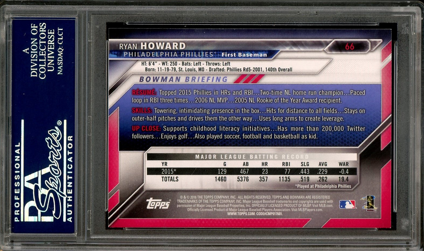 Ryan Howard Signed 2016 Bowman Baseball Card #66 - PSA/DNA Authentic