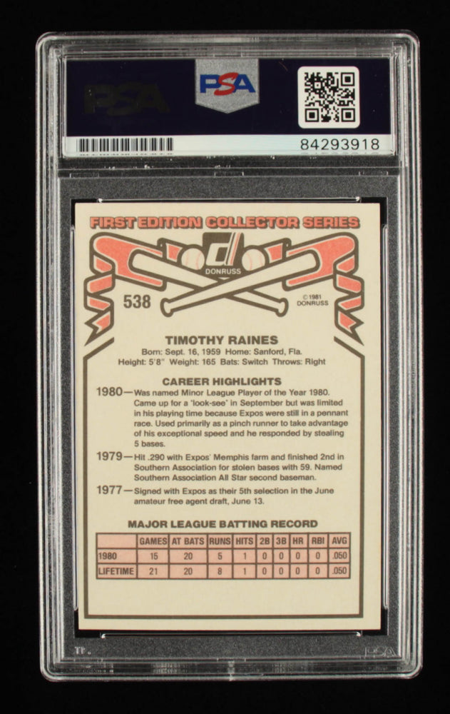 Tim Raines Signed 1981 Donruss #538 RC Inscribed "808 Sb's" Autograph Graded PSA 10 - Rookie Card