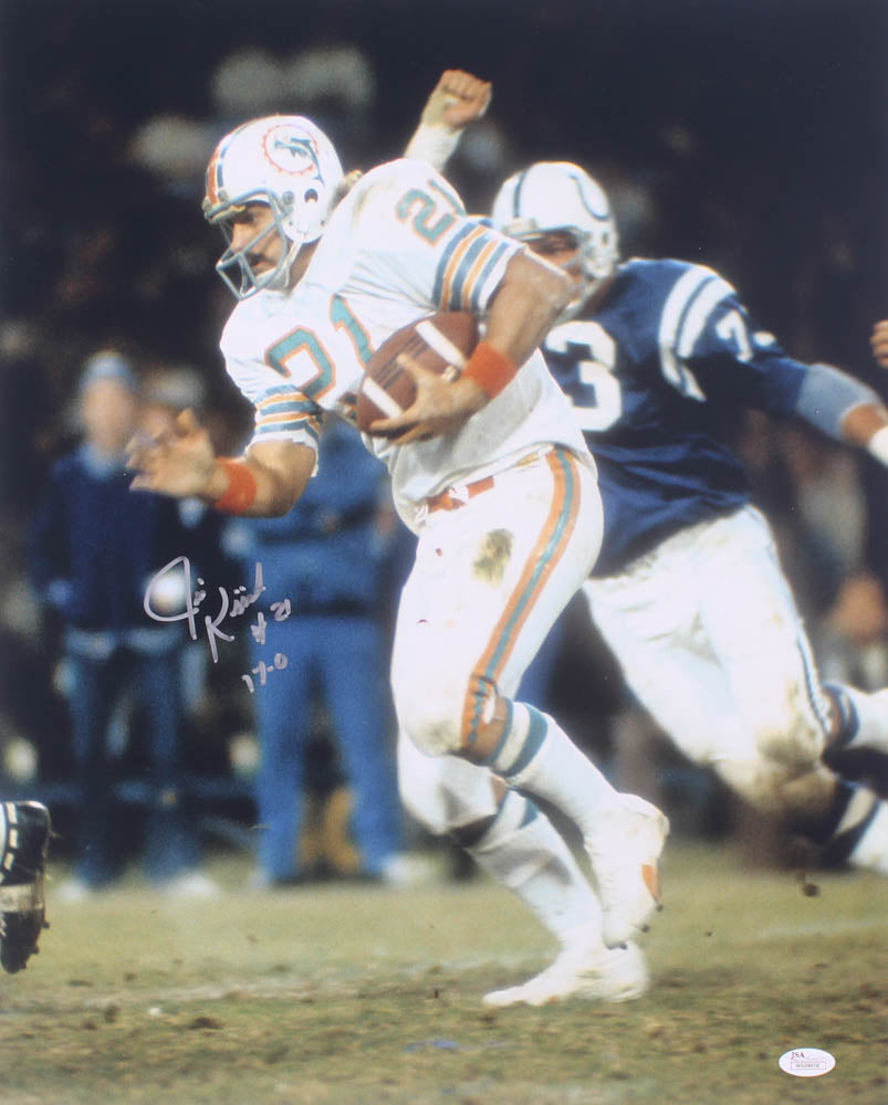 Jim Kiick Signed Dolphins 16x20 Photo Inscribed "17-0" (JSA)