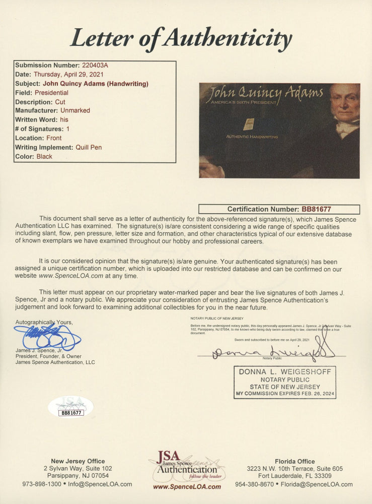 John Quincy Adams 4x6 Photo With Authentic Hand-Written Word Cut (JSA LOA)