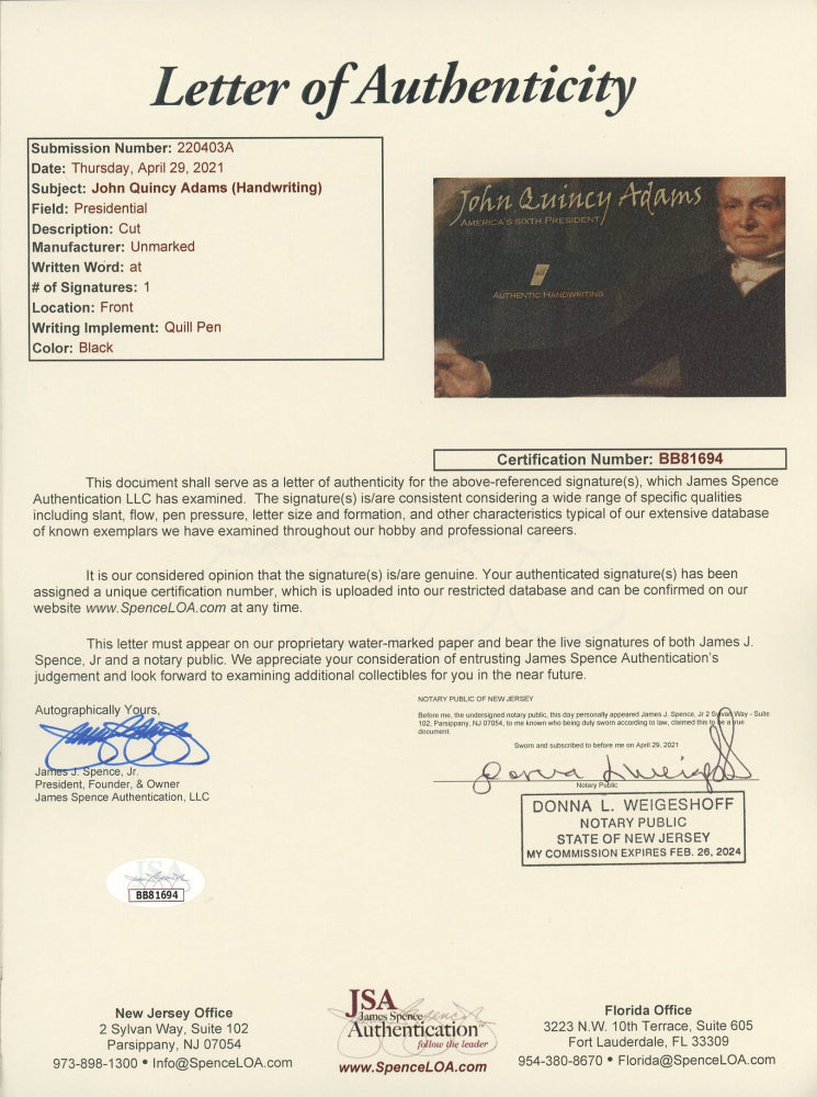 John Quincy Adams 4x6 Photo With Authentic (JSA LOA) Hand-Written Word Cut - 6th President of the United States of America