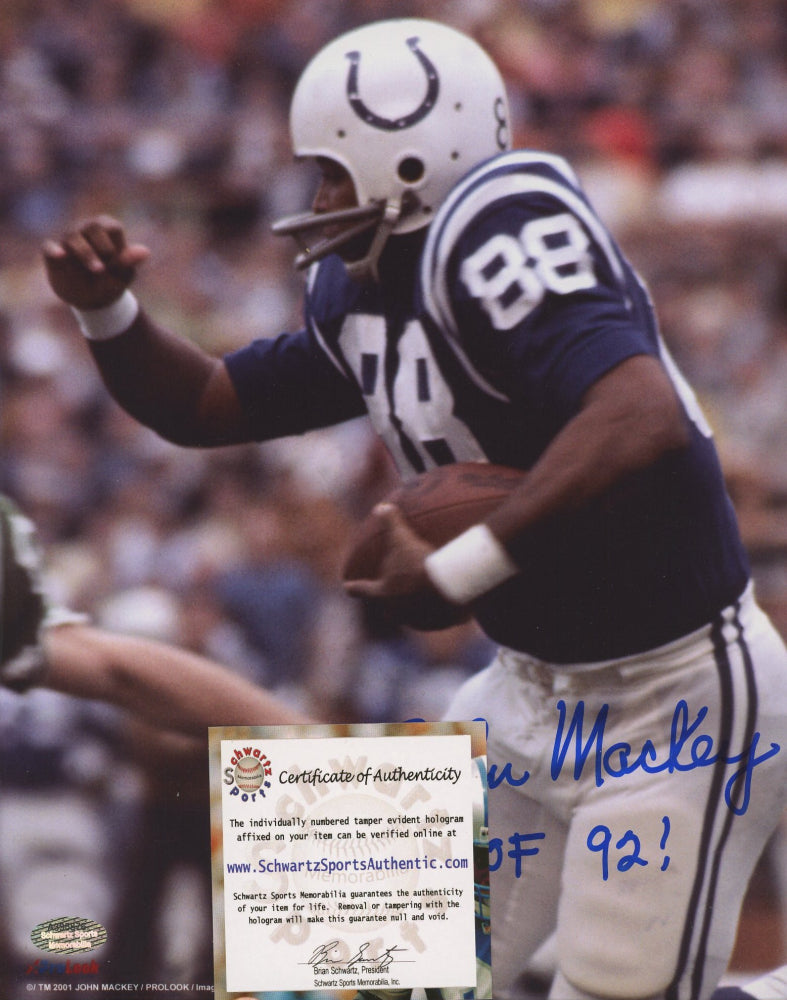 John Mackey Signed Colts 8x10 Photo Inscribed "HOF 92!" (Schwartz COA)