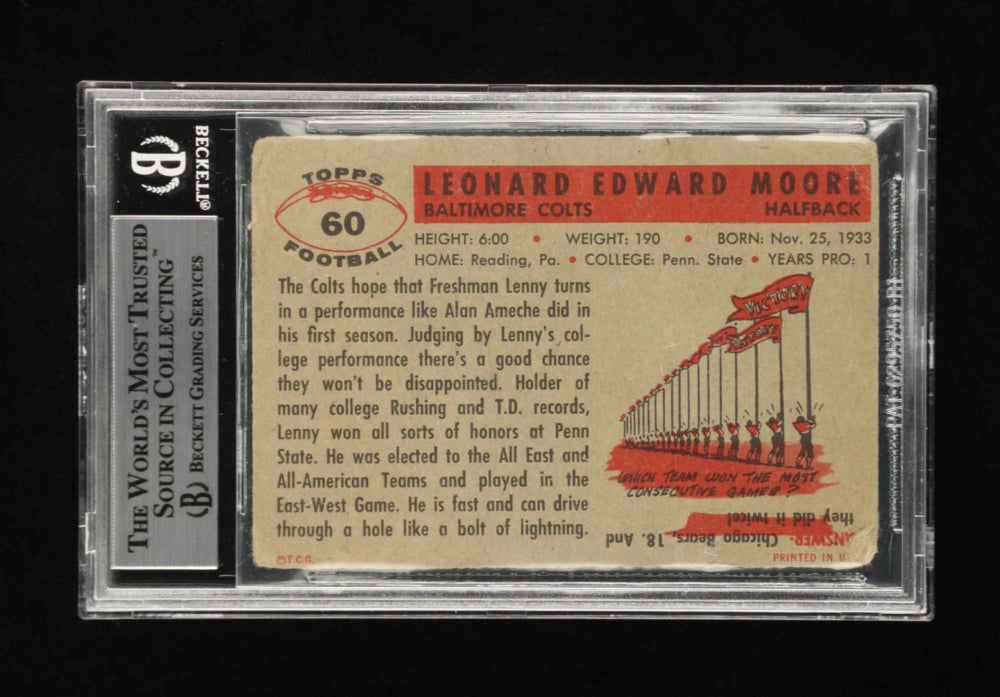Lenny Moore Signed 1956 Topps #60 Inscribed "HOF 75" (BGS) - Rookie Card