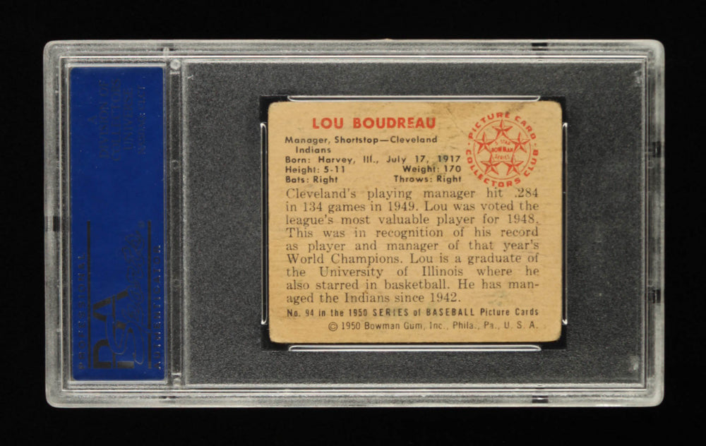 Lou Boudreau Signed 1950 Bowman #94 MG (PSA)