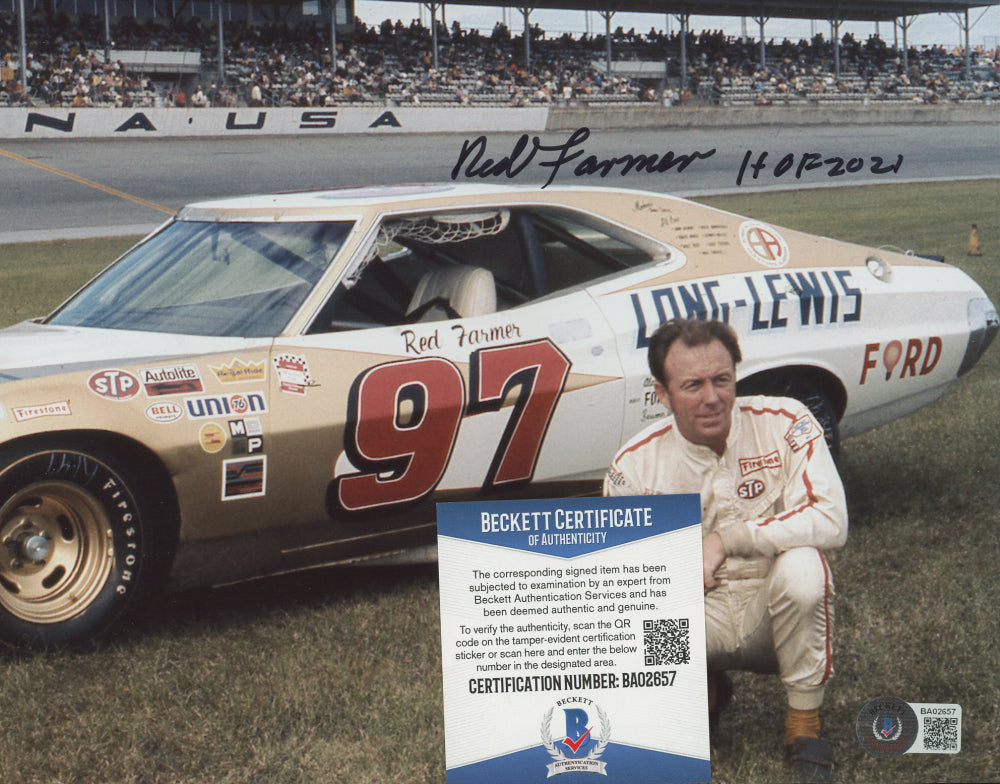 Red Farmer Signed (Beckett COA) NASCAR 8x10 Photo Inscribed "HOF 2021"