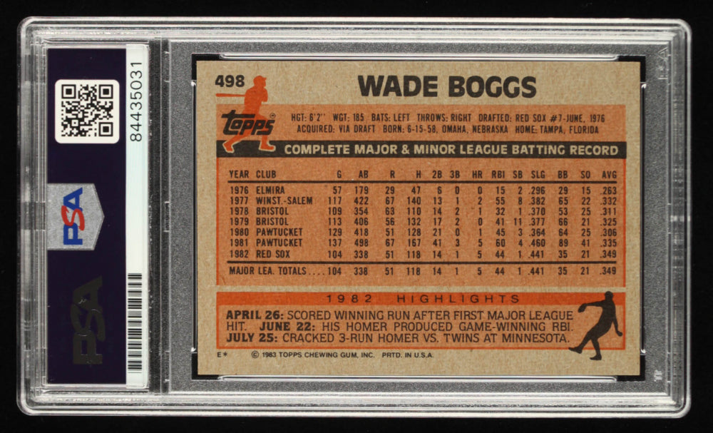Wade Boggs Signed 1983 Topps #498 - Autograph Graded PSA 10 - Rookie Card