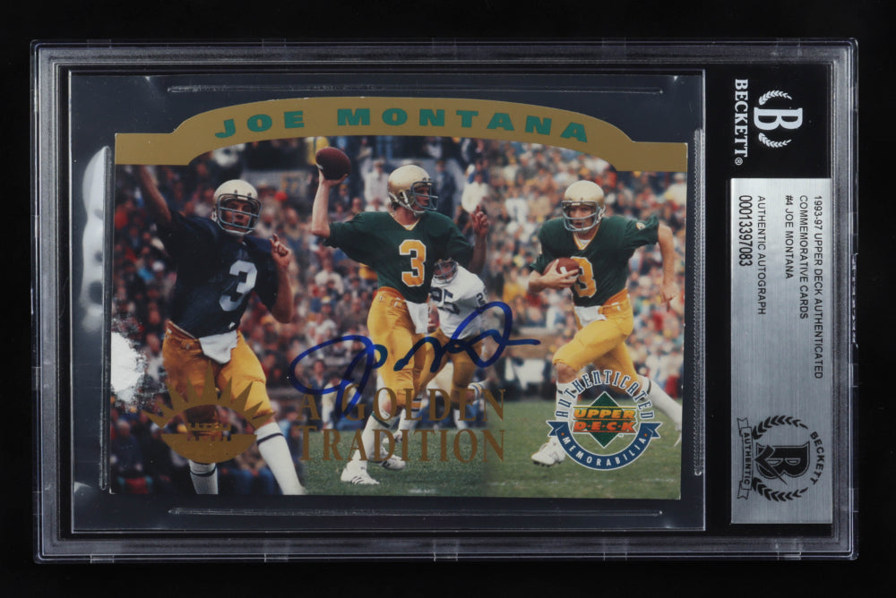 Joe Montana Signed 1993-97 Upper Deck Authenticated Commemorative Cards #4 / Notre Dame Tradition (BGS & Montana Hologram) Numbered #1,667 / 10,000