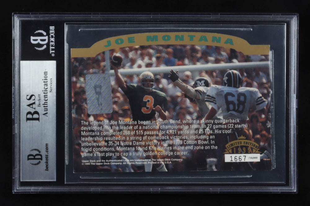 Joe Montana Signed 1993-97 Upper Deck Authenticated Commemorative Cards #4 / Notre Dame Tradition (BGS & Montana Hologram) Numbered #1,667 / 10,000