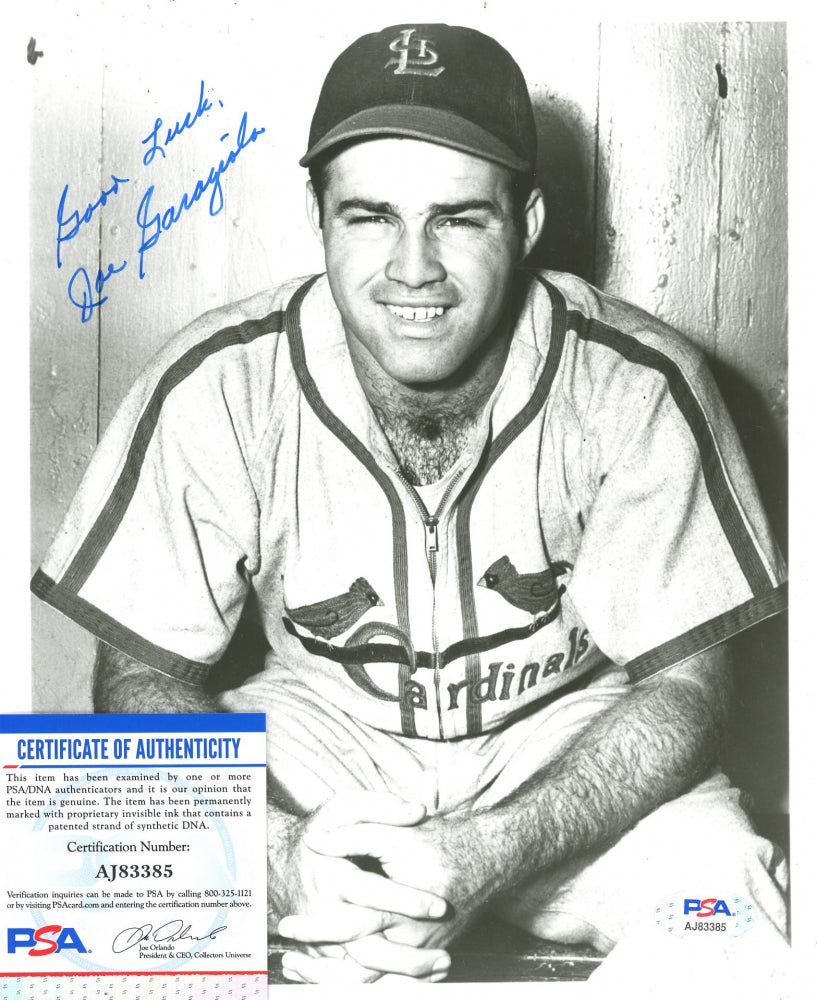 Joe Garagiola Sr. Signed (PSA) Cardinals 8x10 Photo Inscribed "Good Luck"