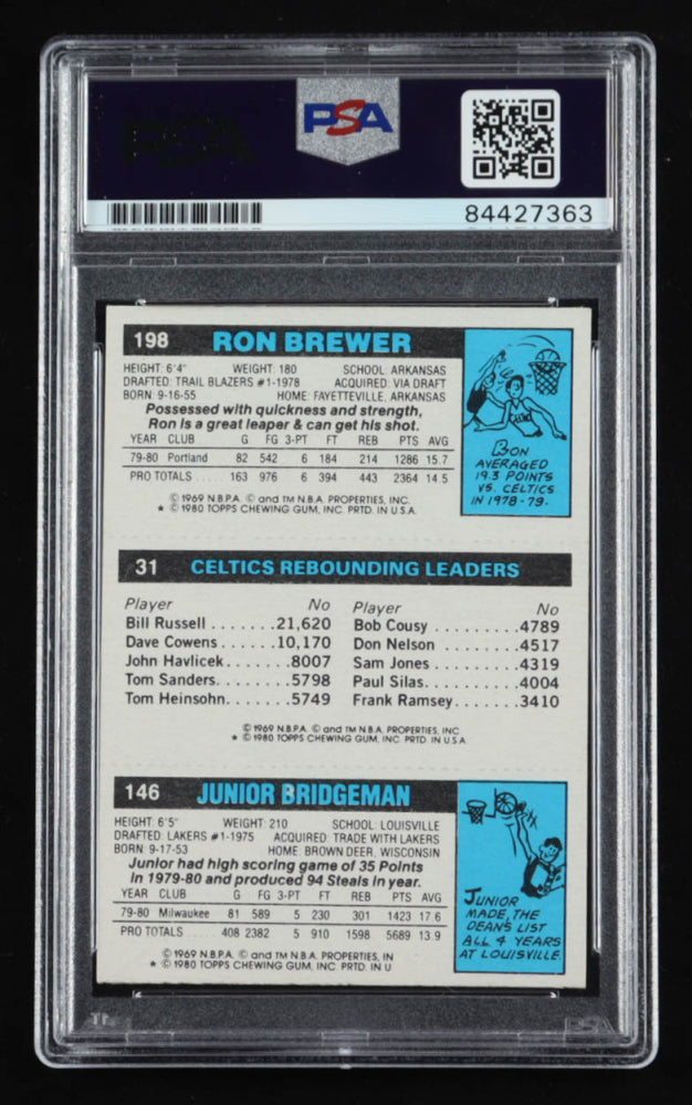 Larry Bird Signed 1980-81 Topps #49 146 Junior Bridgeman / 31 Larry Bird TL / 198 Ron Brewer - Autograph Graded PSA 10 - Rookie Card