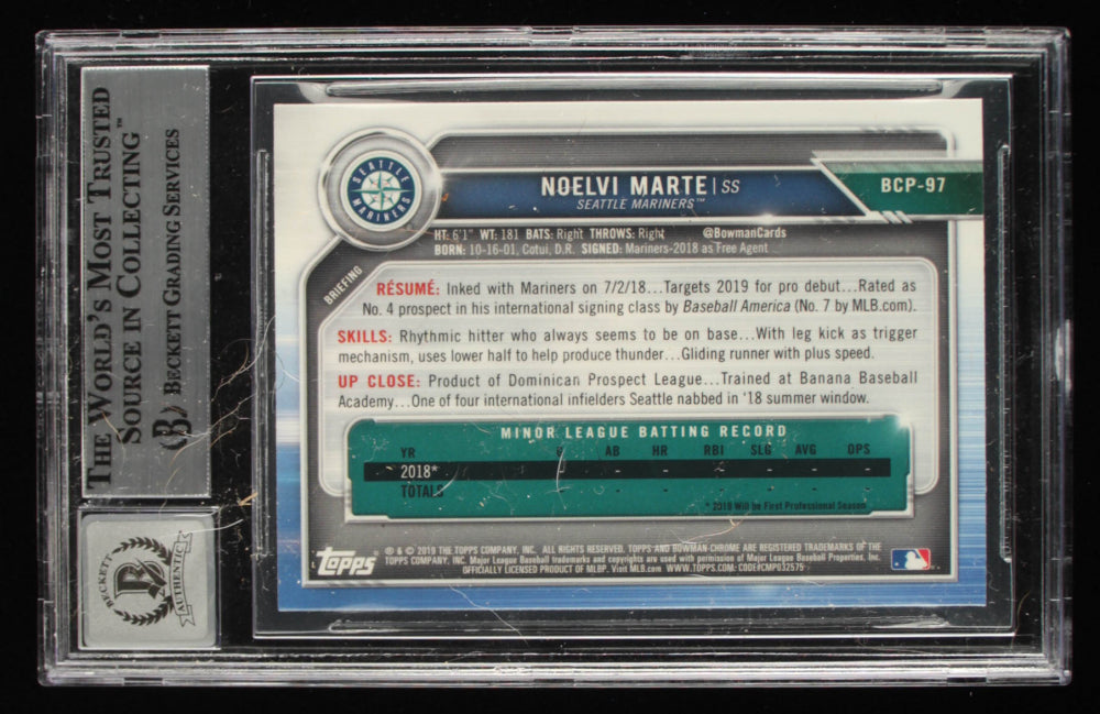 Noelvi Marte Signed 2019 Bowman Chrome Prospects #BP97 - Autograph Graded Beckett (BGS) 10 - Rookie Card