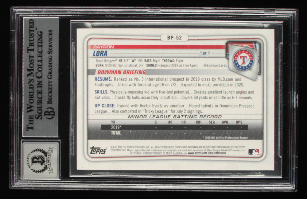 Bayron Lora Signed 2020 Bowman Prospects #BCP52 - Autograph Graded Beckett (BGS) 10 - Rookie Card