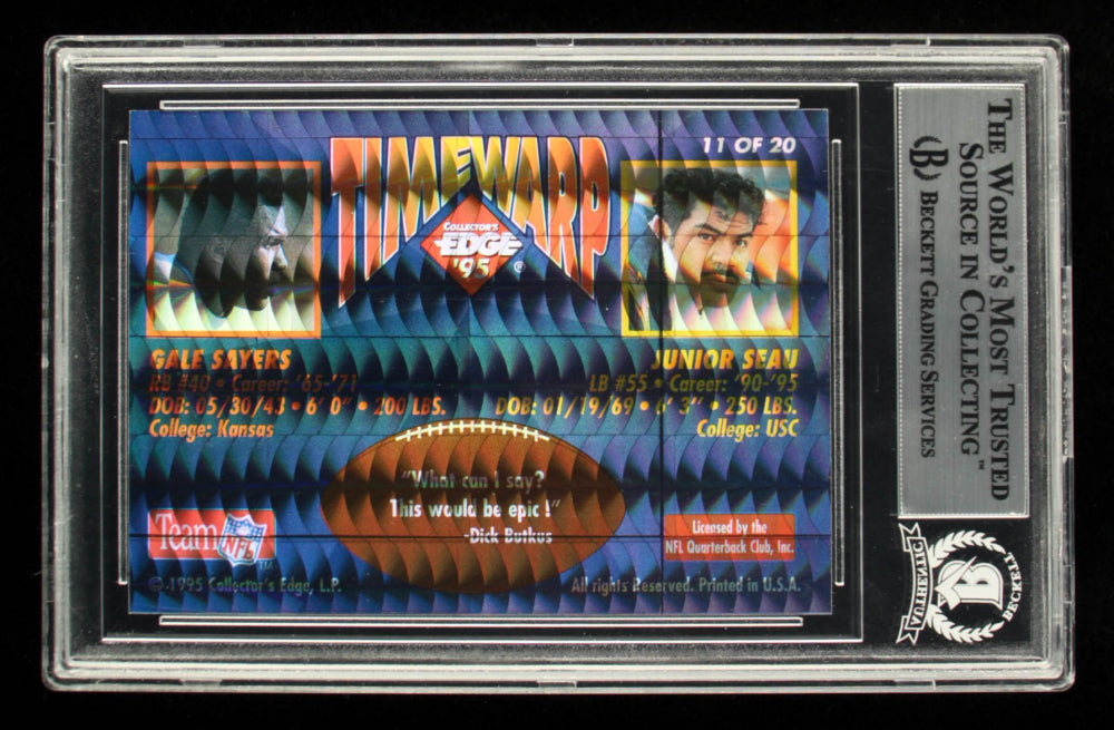 Gale Sayers Signed 1995 Collector's Edge TimeWarp #11 Junior Seau (BGS Encapsulated)