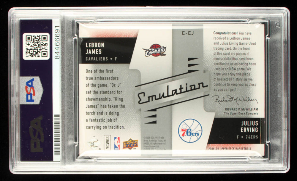 Julius Erving Signed 2008-09 Upper Deck Emulation Memorabilia Dual #EEJ Julius Erving / LeBron James - Autograph Graded PSA 9