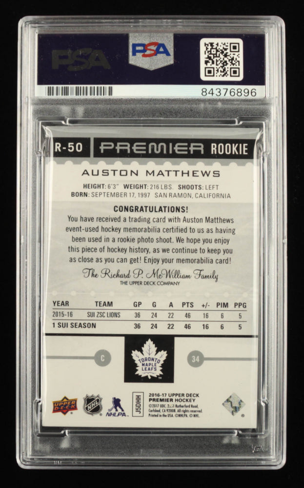 Auston Matthews Signed 2016-17 Upper Deck Premier Rookies Jerseys #R50 RC Inscribed "2017 Calder" - Rookie Card | Autograph Graded PSA 10