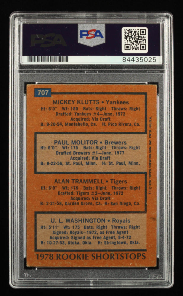 Paul Molitor signed 1978 Topps #707 Rookie Shortstops / Mickey Klutts / Paul Molitor /Alan Trammell /U.L. Washington - Auto Grade PSA 10 - Rookie Card