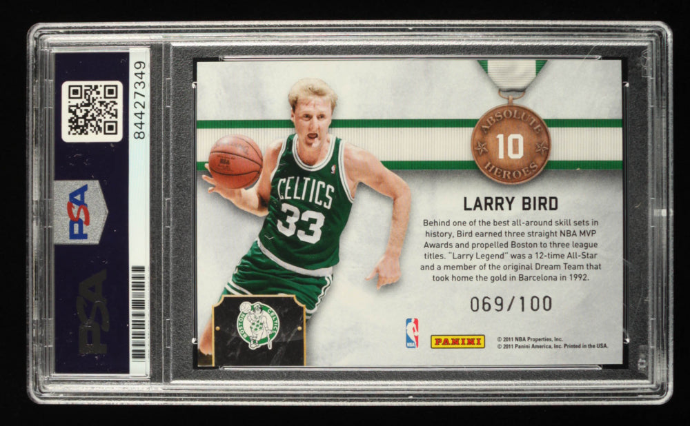Larry Bird Signed 2010-11 Absolute Memorabilia Absolute Heroes Spectrum #10 Serially Numbered #69/100 - Autograph Graded PSA 9