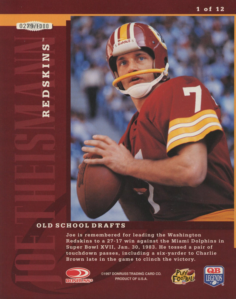 Joe Theismann 1997 Leaf Signature Old School Drafts Autographs #1 - Serially Numbered #0279 / 1000