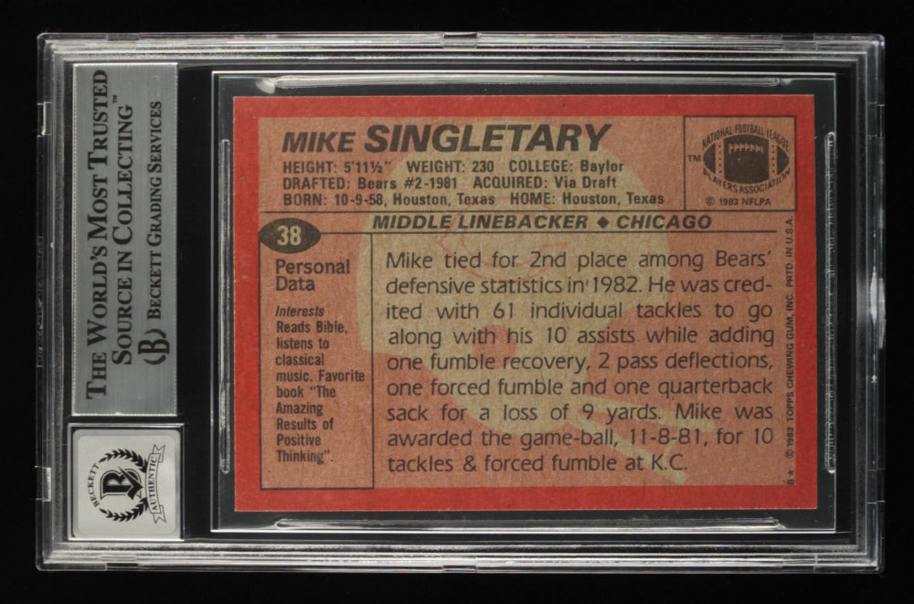 Mike Singletary Signed 1983 Topps #38 Inscribed "HOF 98" - Autograph Graded Beckett (BGS) 10 - Rookie Card