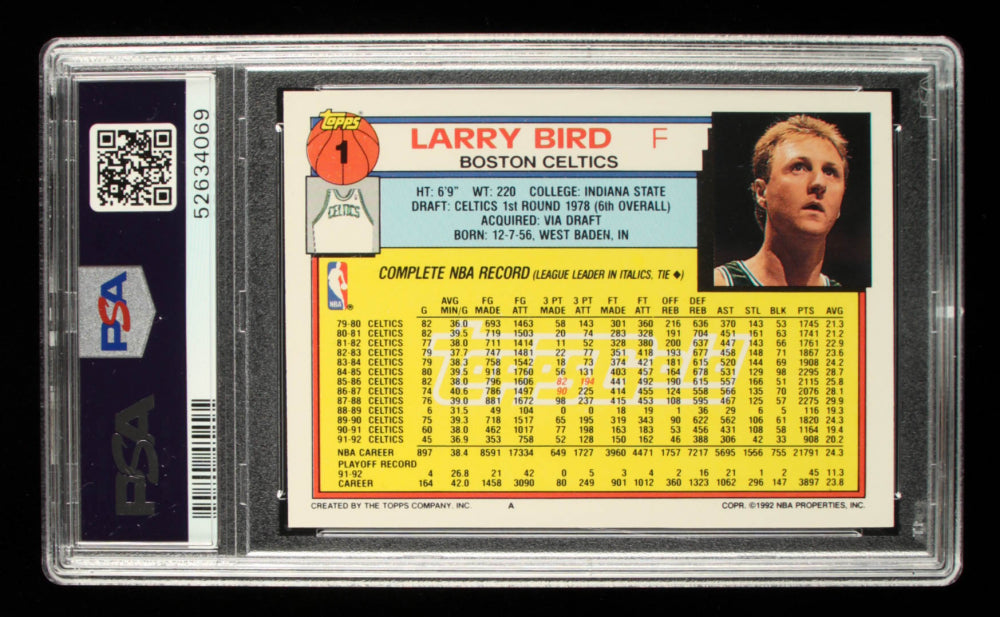 Larry Bird Signed 1992-93 Topps Gold #1 Card Grade (PSA 7) - Autograph Graded PSA 10
