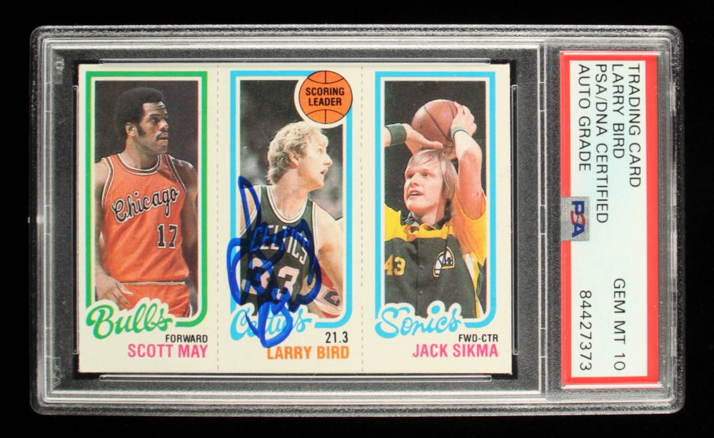 Larry Bird Signed 1980-81 Topps #98 47 Scott May / 30 Larry Bird TL / 232 Jack Sikma - Autograph Graded PSA 10 - Rookie Card