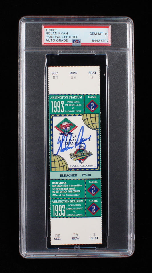 Nolan Ryan Signed 1993 World Series Ticket - Autograph Graded PSA 10