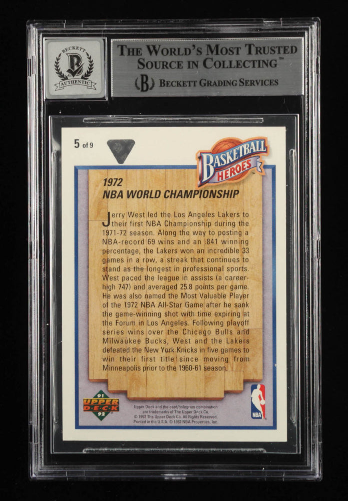 Jerry West Signed 1991-92 Upper Deck Jerry West Heroes #5 1972 NBA World / Championship - Autograph Graded Beckett (BGS) 10