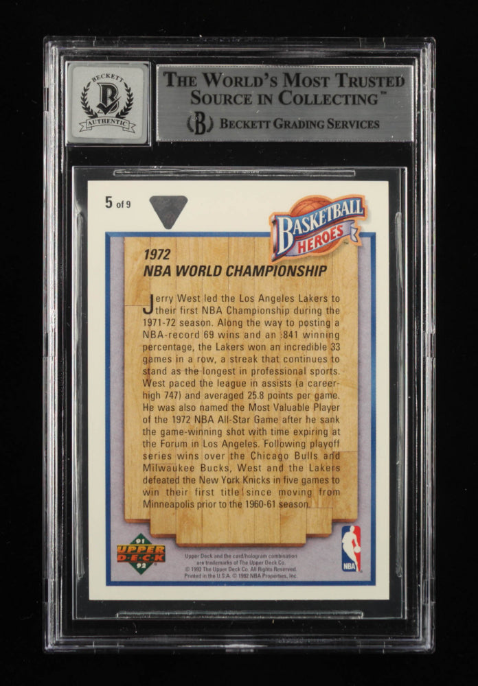 Jerry West Signed 1991-92 Upper Deck Jerry West Heroes #5 1972 NBA World / Championship - Autograph Graded Beckett (BGS) 10