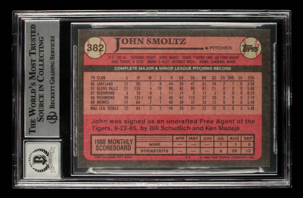 John Smoltz Signed 1989 Topps #382 - Rookie Card | Autograph Graded Beckett (BGS) 10
