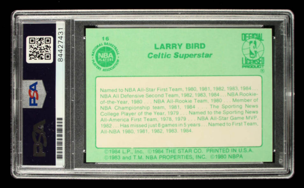 Larry Bird Signed 1984 Star Larry Bird #16 Career Data - Autograph Graded PSA 9