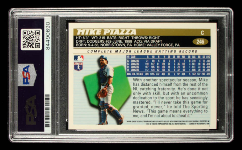 Mike Piazza Signed 1996 Topps #246 - Autograph Graded PSA 8