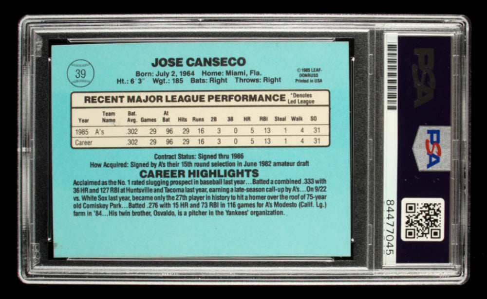 Jose Canseco Signed 1986 Donruss #39 RC Inscribed "86 AL ROY" - Autograph Graded PSA 10 - Rookie Card