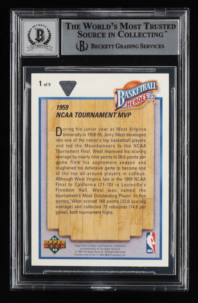 Jerry West Signed 1991-92 Upper Deck Jerry West Heroes 1959 NCAA Tournament MVP #1 (BGS) Autograph Graded BGS 10