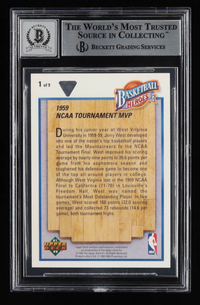 Jerry West Signed 1991-92 Upper Deck Jerry West Heroes 1959 NCAA Tournament MVP #1 - Autograph Graded BGS 10
