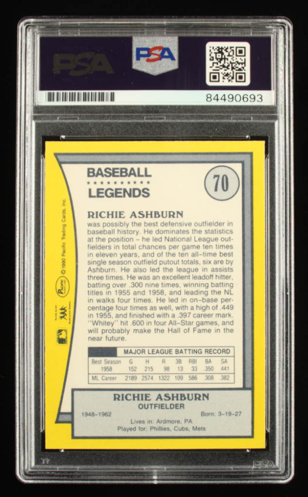 Richie Ashburn Signed 1988 Pacific Legends I #8 Inscribed "HOF '95" - Autograph Graded PSA 10