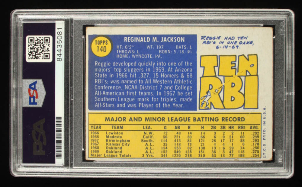 Reggie Jackson Signed 1970 Topps #140 - Autograph Graded PSA 10