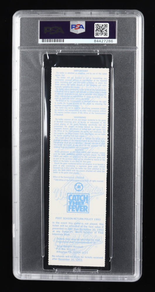 Nolan Ryan Signed 1993 World Series Ticket - Autograph Grade PSA 10
