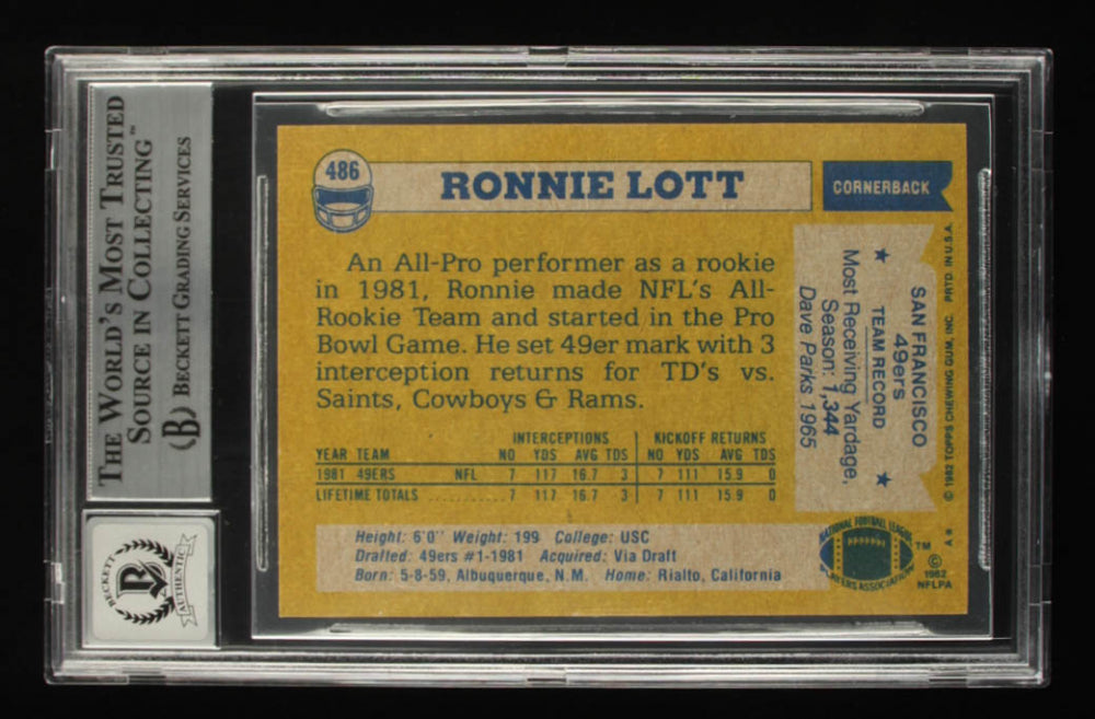 Ronnie Lott Signed 1982 Topps #486 - Autograph Graded Beckett (BGS) 10 - Rookie Card