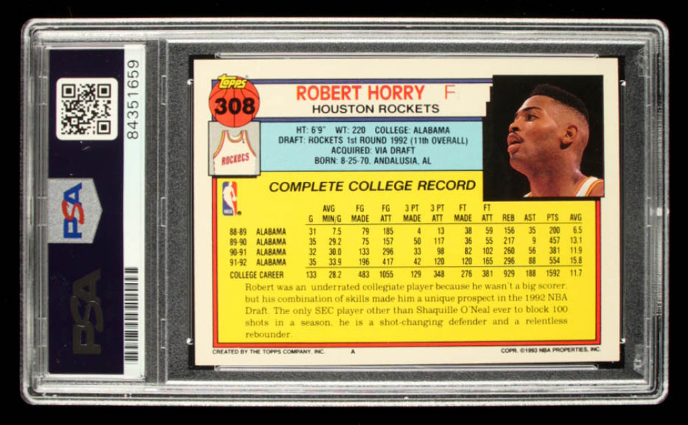 Robert Horry Signed 1992-93 Topps #308 - Autograph Graded PSA 10 - Rookie Card