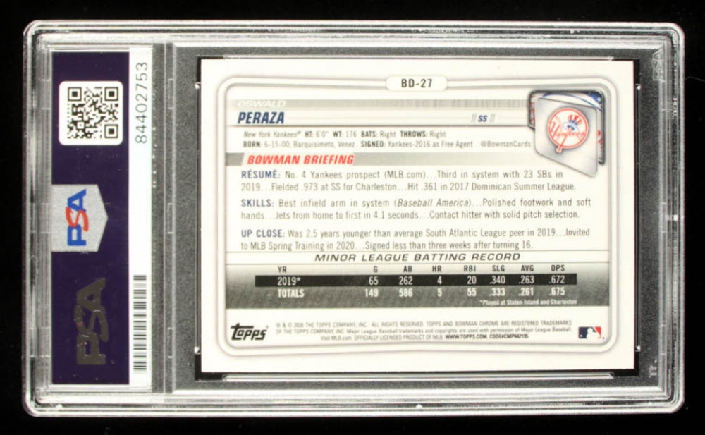 Oswald Peraza Signed 2020 Bowman Chrome Draft #BD27 (PSA) - Rookie Card