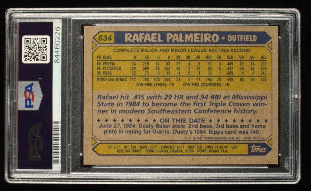 Rafael Palmeiro Signed 1987 Topps #634 (PSA) - Rookie Card