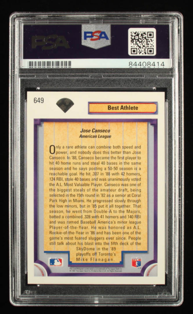 Jose Canseco Signed 1992 Upper Deck #649 DS (PSA)