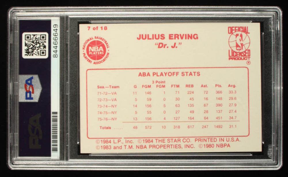 Julius Erving Signed 1984-85 Star #7 ABA Playoff Stats (PSA) Autograph Graded PSA 10