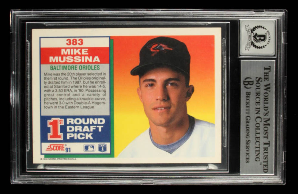 Mike Mussina Signed 1991 Score #383 Inscribed "HOF 19" - Autograph Graded Beckett (BGS) 10 - Rookie Card