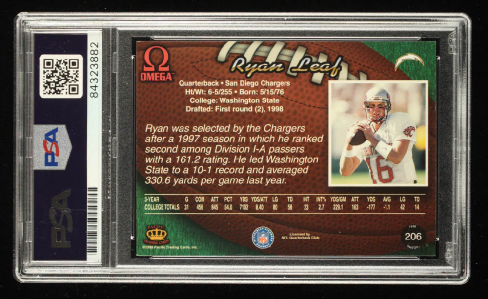 Ryan Leaf Signed 1998 Pacific Omega #206 (PSA) Rookie Card