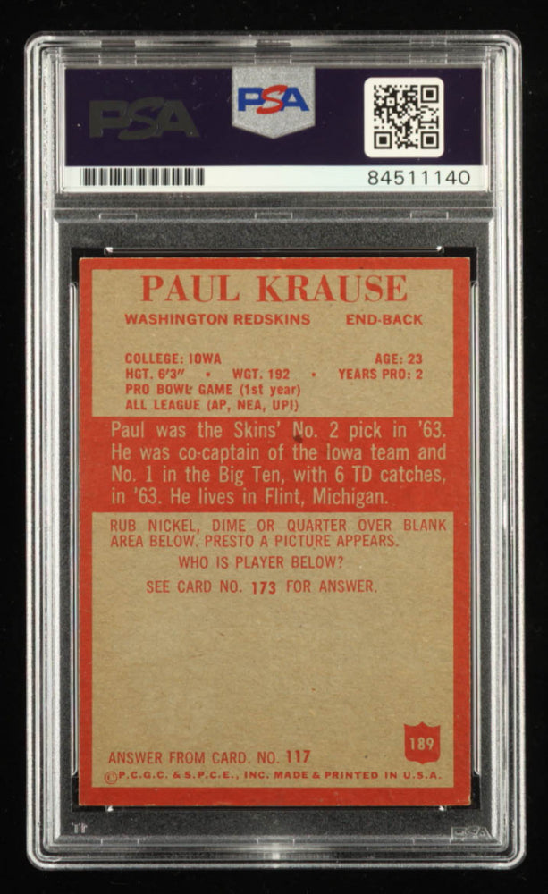 Paul Krause Signed 1965 Philadelphia #189 - Inscribed "81 INT" (PSA) Rookie Card