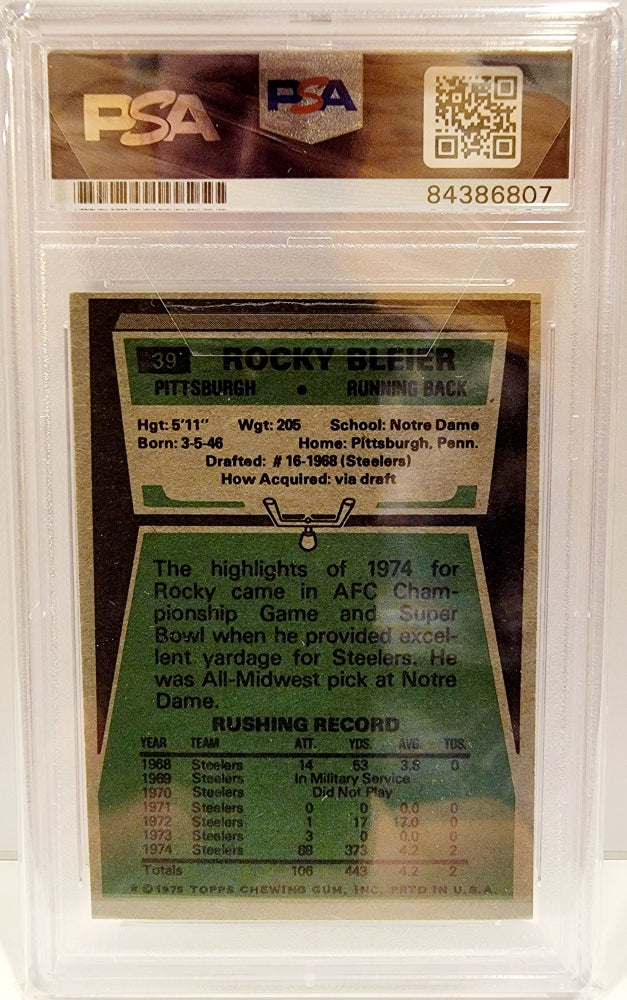 Rocky Bleier Signed 1975 Topps #39 Inscribed "4x SB Champ" (PSA) Rookie Card
