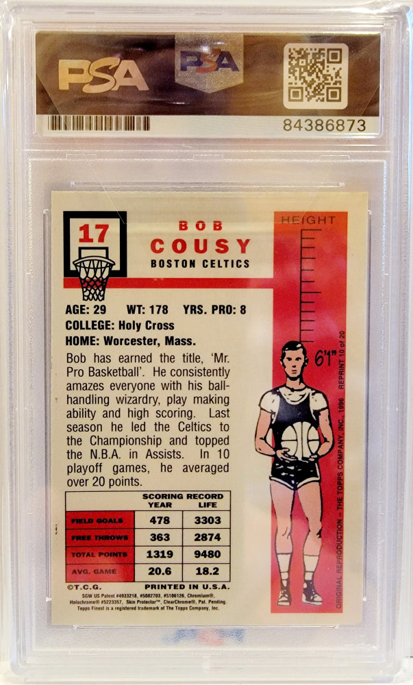 Bob Cousy Signed 1996 Topps Stars Reprints #10 (PSA)